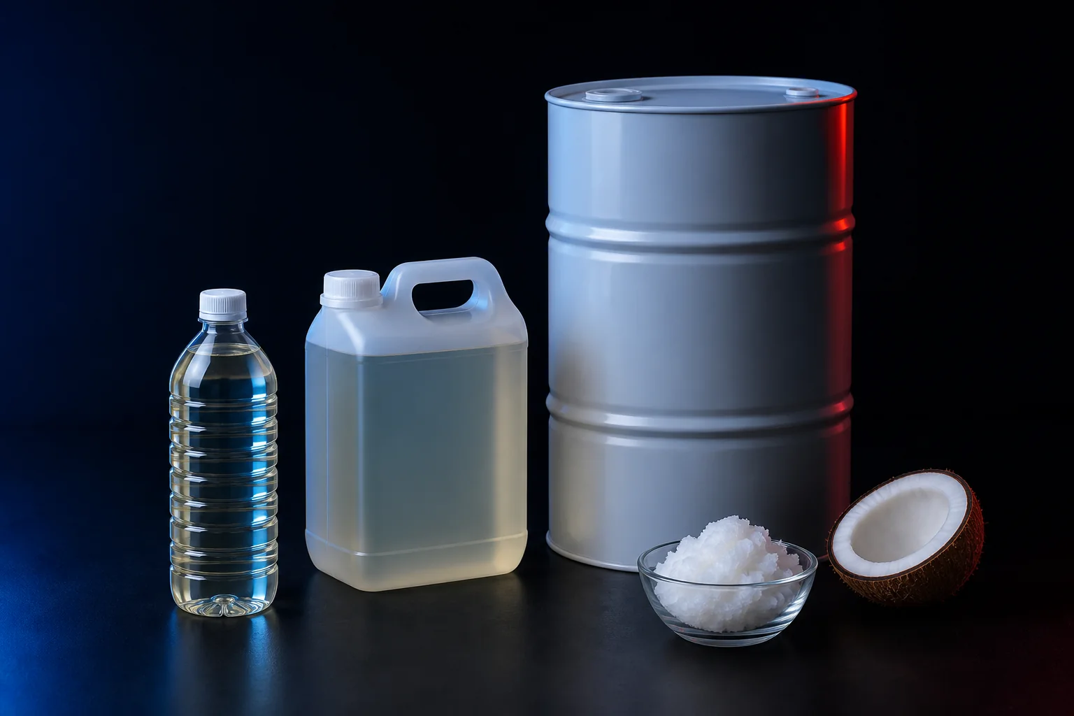 Coconut oil packaging formats from bottle to industrial drum