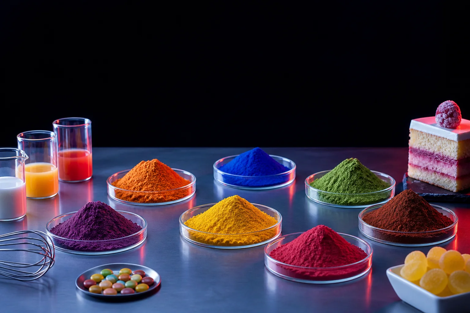 Food ingredient and colour samples arranged in a clean technical studio