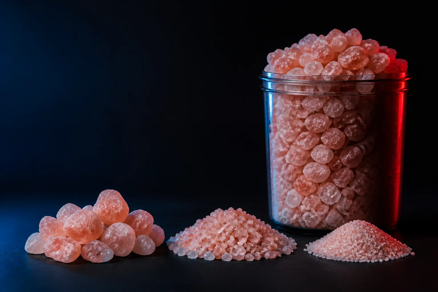 Rock salt crystals presented in several controlled particle sizes