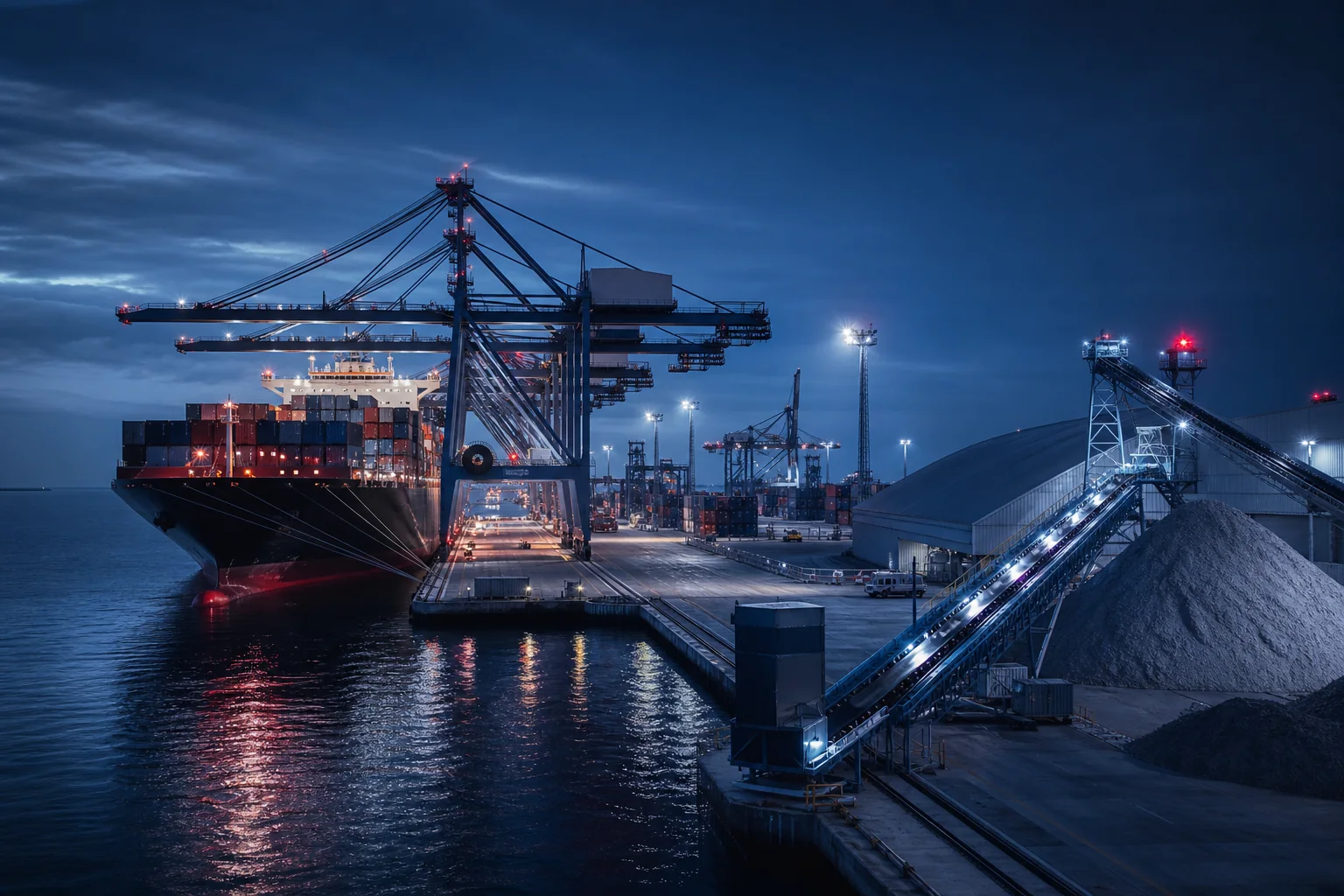 Container vessel, port cranes and bulk material handling facilities