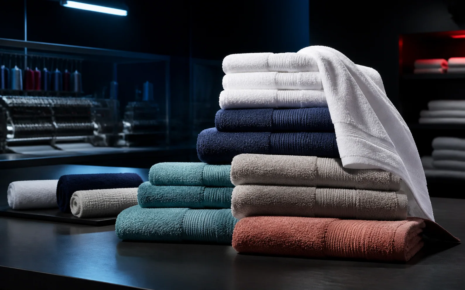 Premium cotton towels arranged in a controlled textile-production studio
